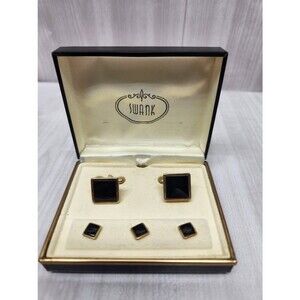 Swank Vintage Gold Tone Black Onyx Cufflinks & 3 Shirt Studs Set w/ Box